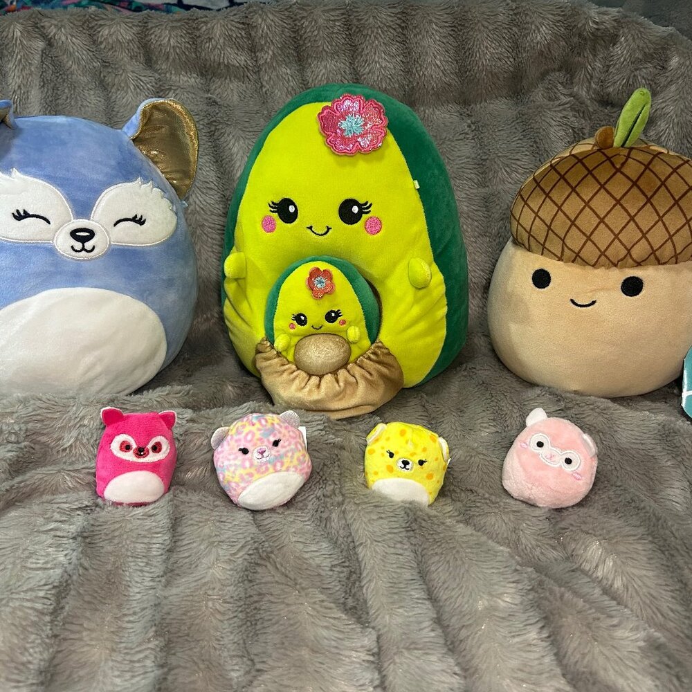 3 8" Squishmallow and four micro-mini squishmallows